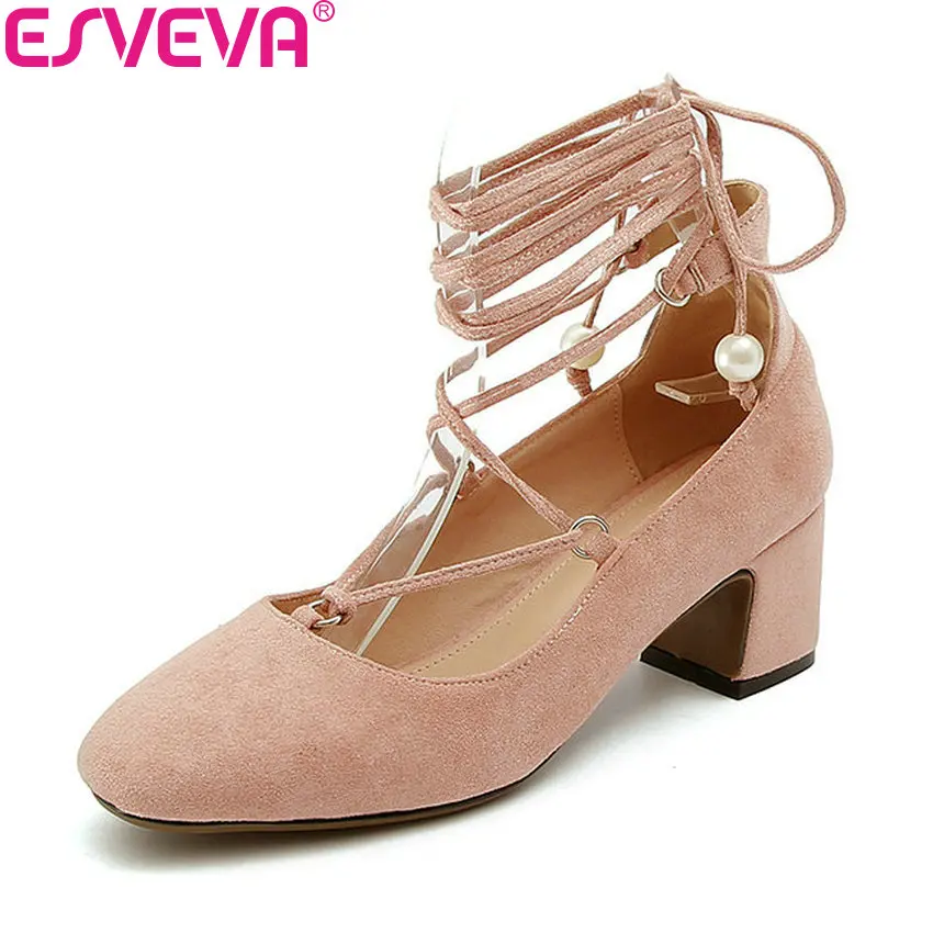 

ESVEVA 2017 Women Pumps Sweet Style Shoes High Heels Square Toe Square Heels Flock Cross-tied Red Women Pumps Shoes Size 34-43