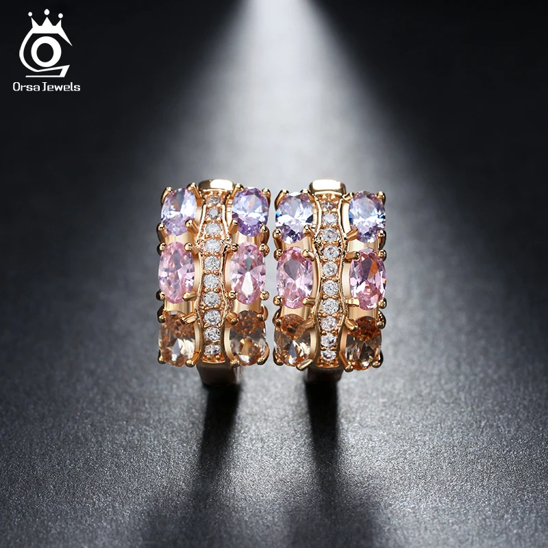 

ORSA JEWELS Gold-color Unique Stud Earrings Women With Colorful AAA Zircon Nickel Cadmium Free Female Party Jewelry OME28
