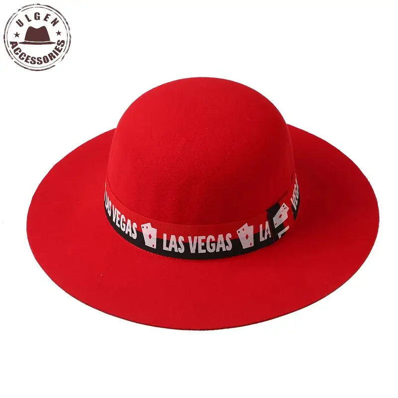 Модная зимняя фетровая шляпа в стиле Лас-Вегаса для женщин с широкими большими полями, Женская шерстяная фетровая шляпа - Цвет: Красный