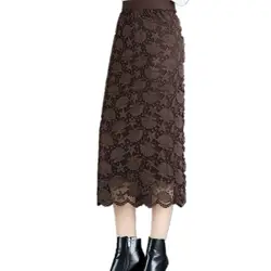 Осенне-зимняя Двусторонняя одежда Лоскутная кружевная трикотажная Женская юбка высокая обтягивающие, с эластичным поясом Женская теплая