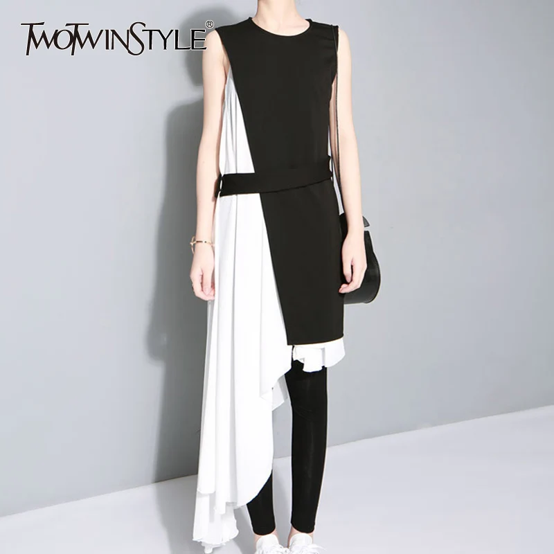 

TWOTWINSTYLE Sleeveless Dress Female With Spaghetti Strap Irregular Large Size Midi Asymmetrical Dresses 2019 Summer Fashion New