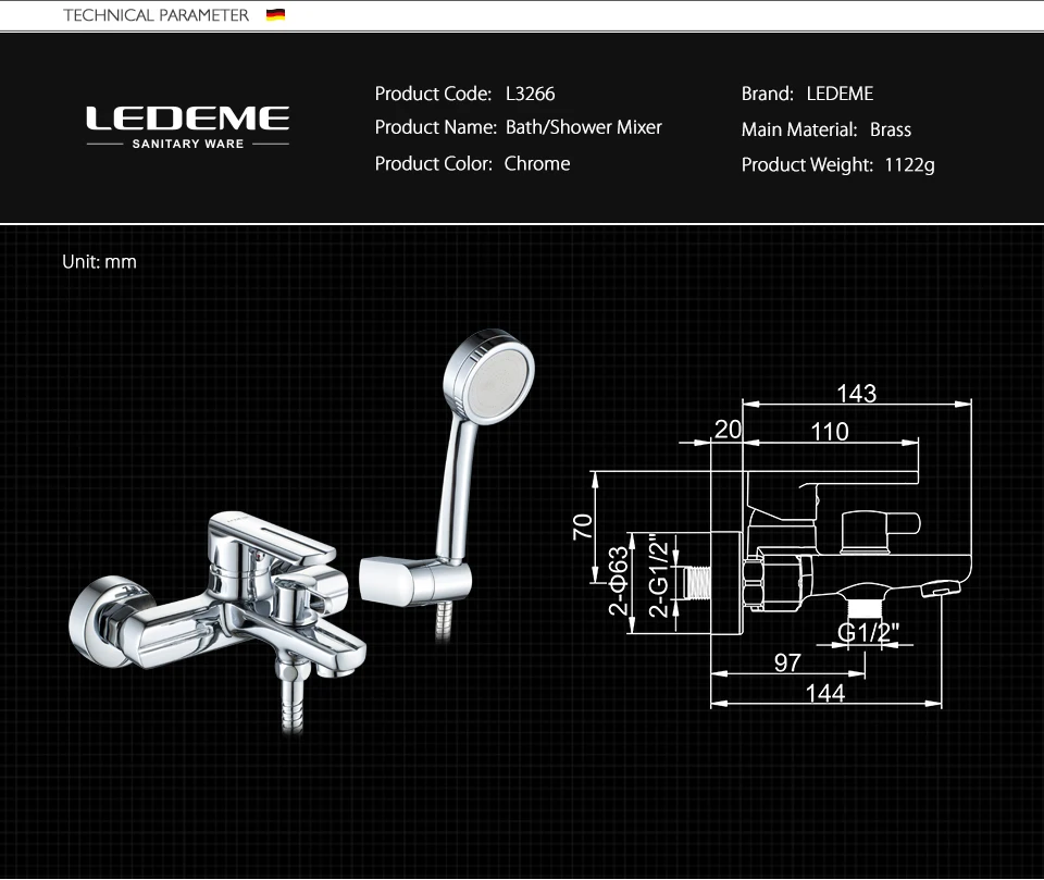 LEDEME Смесители для ванной горячей и холодной воды, смеситель для ванной, спрей, душевая головка, хромированный кран для ванной L3266