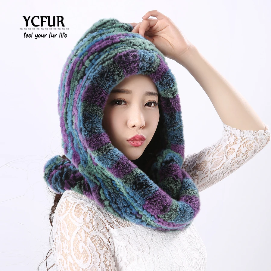 YCFUR женские шапки, шарфы, зимняя вязаная шапка из меха кролика Рекс, шарф, женские меховые шейные теплые шарфы для женщин