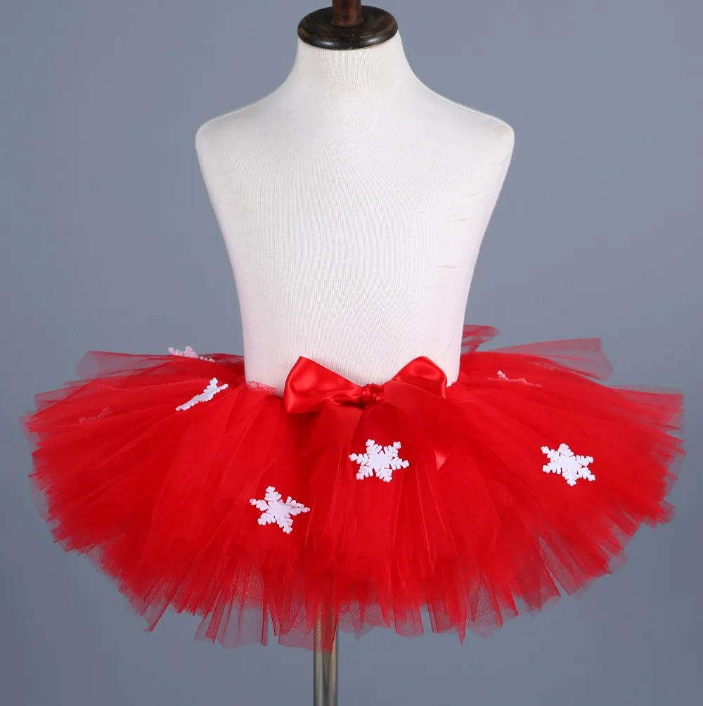 Christmas Red Color Snowflake Girl Tutu Skirt Puffy Cute Princess Girls New Year Ribbons Tulle Skirts Holidays Festival Costume