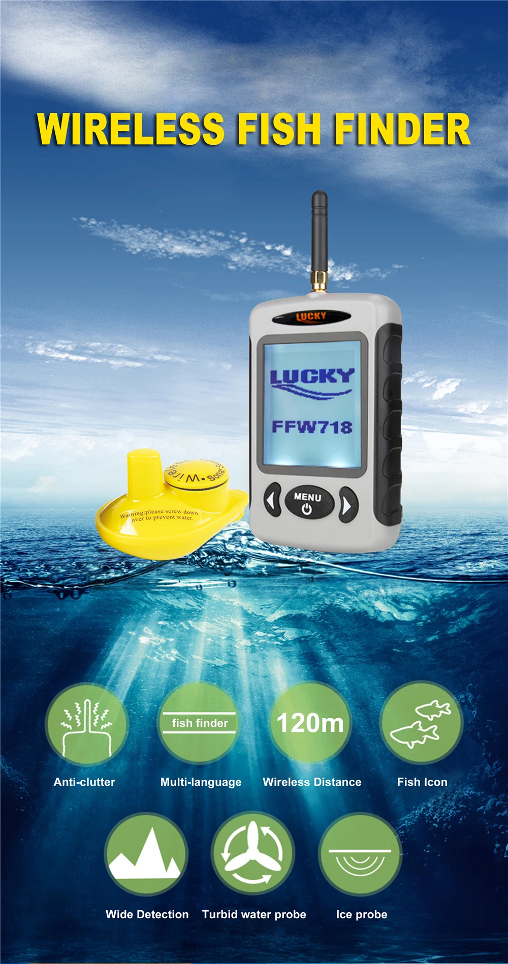Lucky Wireless Portable Fish Finder FFW718 45M135FT Sonar Depth Sounder Alarm Carp Ocean River Lake Fishing