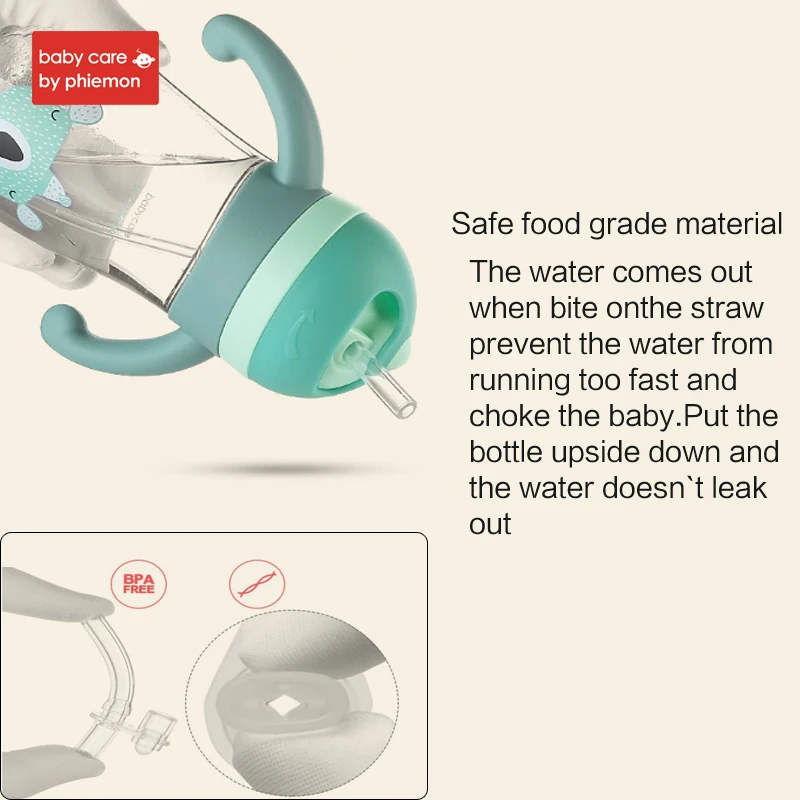 Babycare Brand Baby Water Bottle Infant Cartoon Gravity Ball Cup Soft Silicone Handle Straw Leak Proof Tritan Water Bottle 280ml