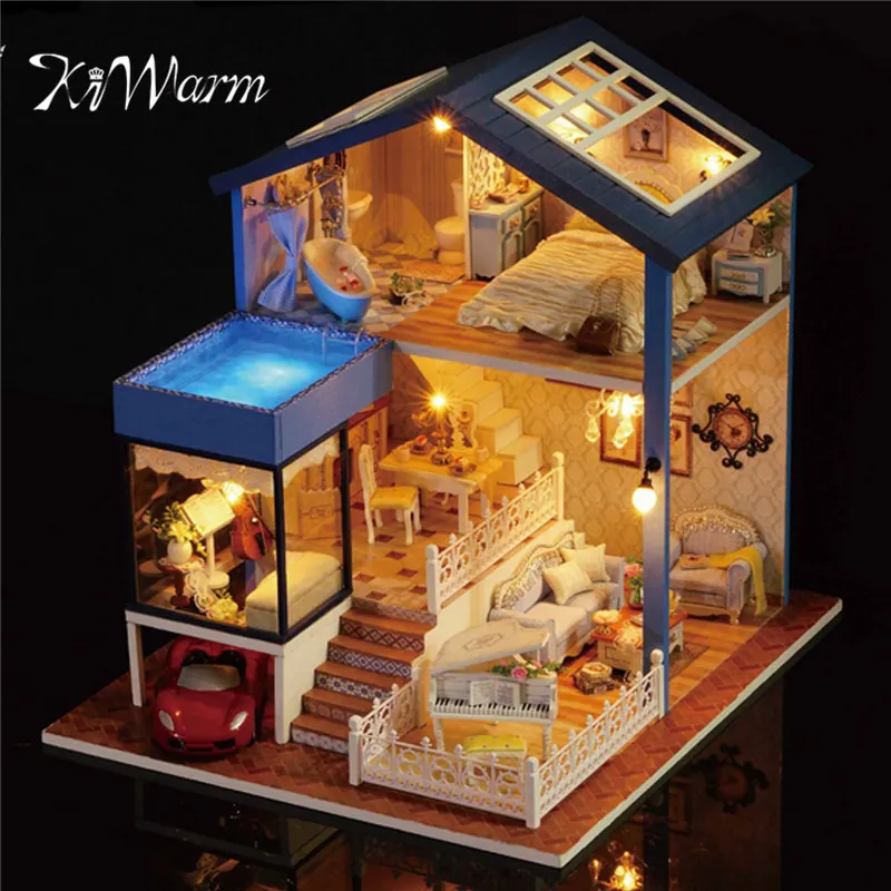 

New KiWarm Fashion Wooden Assembled Cottage DIY Dollhouse Miniature With Furniture LED Light Home Room Set Gift Toys
