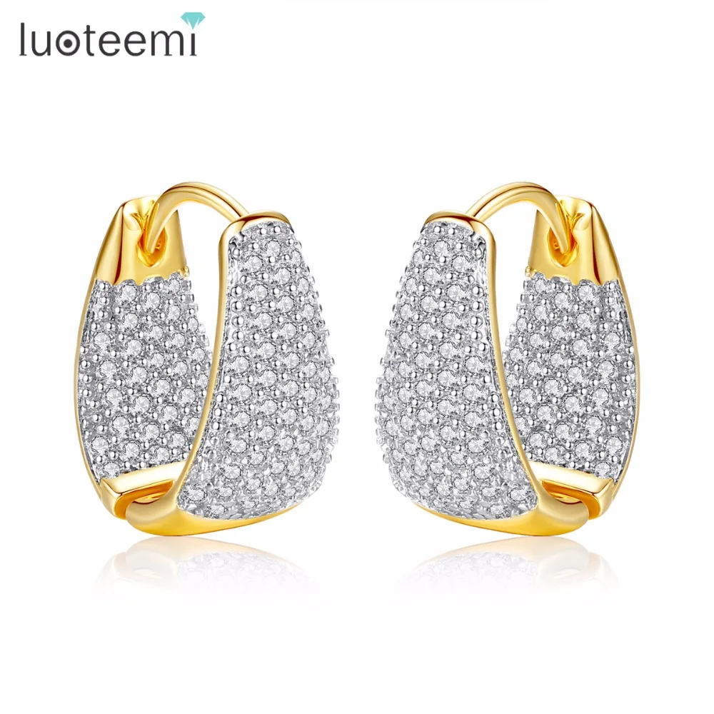 

LUOTEEMI Grace Refinement Fashion Vogue Gold Color Clear Stud Earrings Paved Micro AAA Cubic Zircon Ear Hoop Jewelry for Women