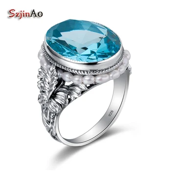 

Szjinao Oval Natural Freshwater Pearls Aquamarine Silver Ring March Birthstone Big Stone Women Brand Bulgaria Jewelry Wholesale