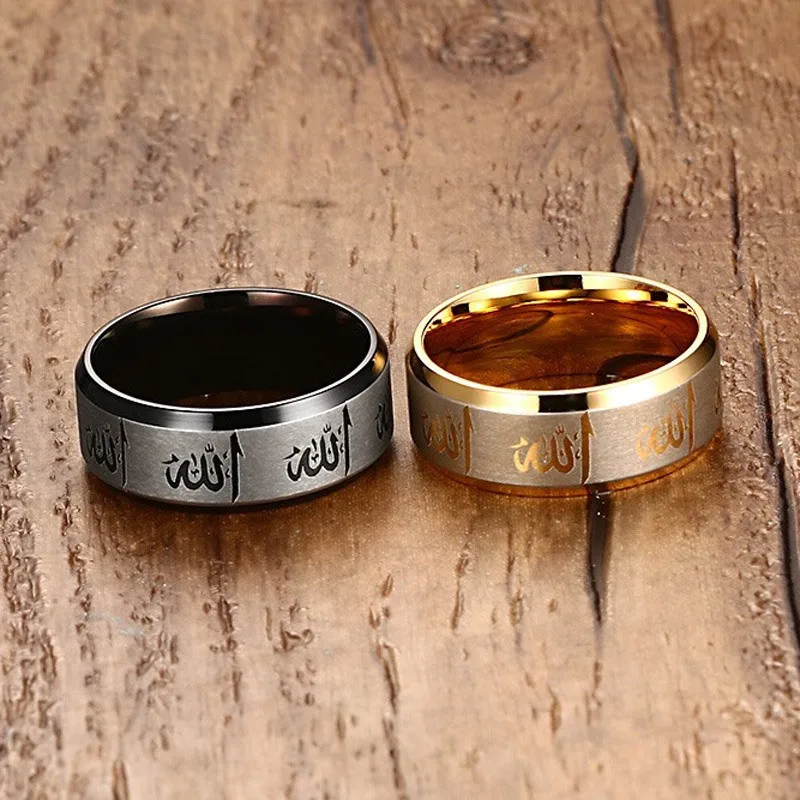 ZORCVENS Black and Gold Color 316L Stainless Steel Allah Islamic Arabic Rings for Man