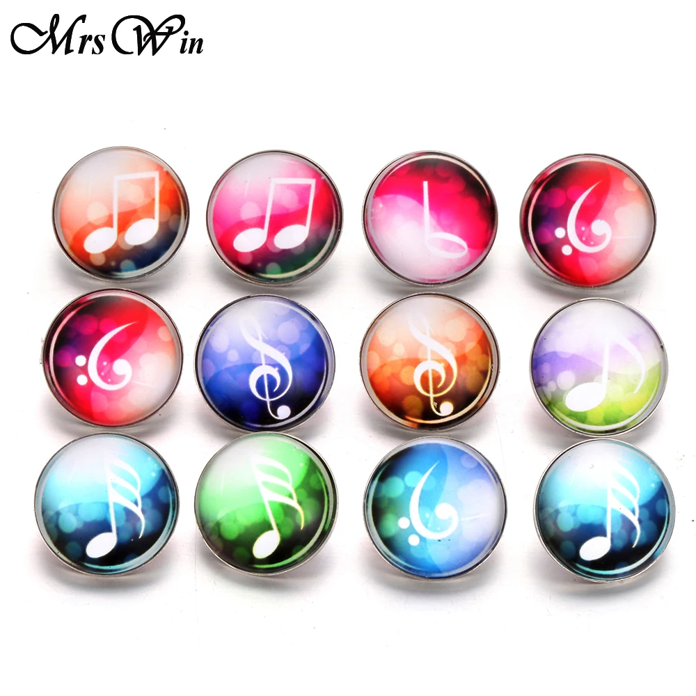 

10pcs/lot New Snap Button Jewelry Music Notes Print Glass Cabochon 18mm Snap Buttons Fit DIY Snap Bracelets Bangles