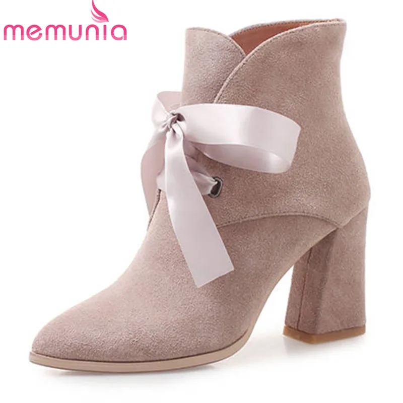 

MEMUNIA 2018 new arrival pointed toe suede leather women boots lace up solid colors autumn winter ankle boots high heels shoes
