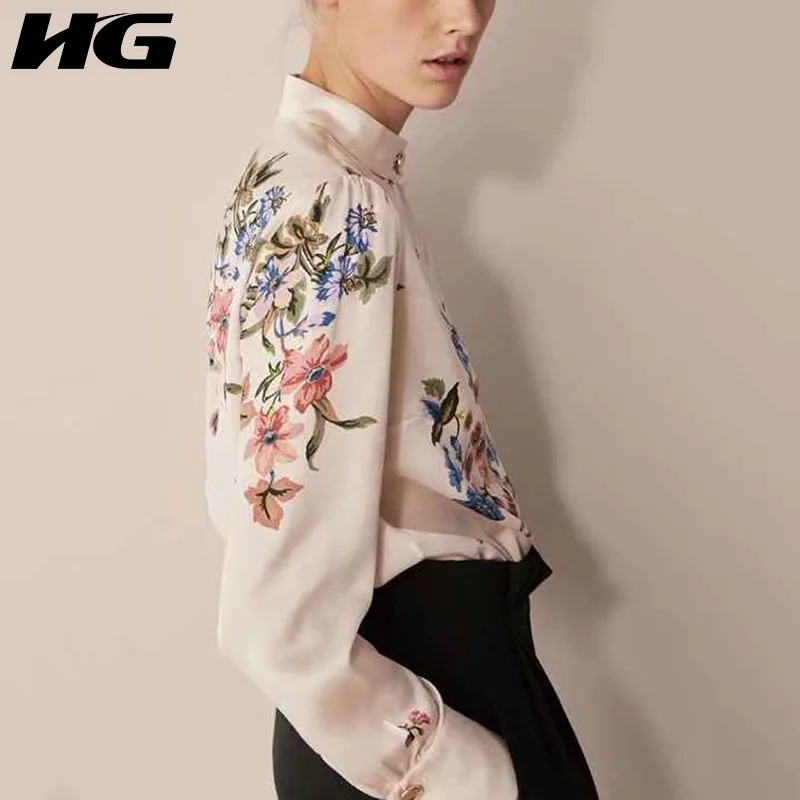 

HG Vintage Print Blouse Women Turn Stand Collar Loose Button Leisure Joker Fashion Elegant 2019 New Autumn Shirts Ladies WQR1190