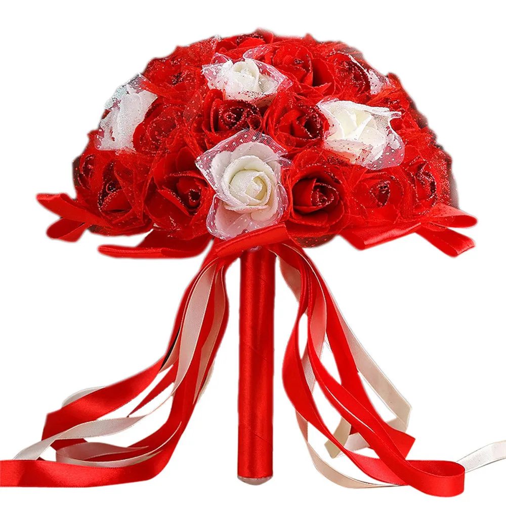 1 шт. Дешевые Свадебные украшения для подружки невесты поролоновые Цветы Роза Кристалл Свадебный букет белая атласная лента романтический свадебный букет - Цвет: F
