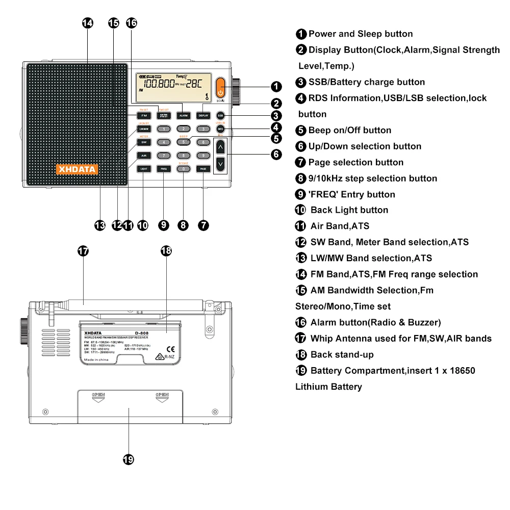 XHDATA D-808 Портативный цифровой радиоприемник FM стерео/SW/MW/LW SSB воздуха RDS мульти радиодиапазоне Динамик С ЖК-дисплей Дисплей будильник