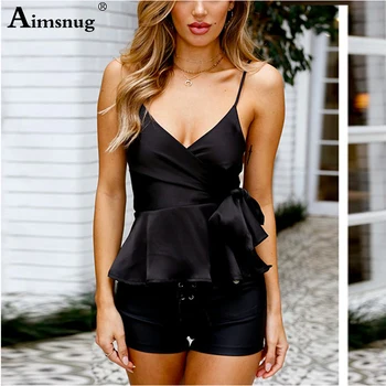 

Aimsnug Sexy v neck wrap satin peplum top women Strap summer shirt tank top female elegant ladies ruffle sash camis top