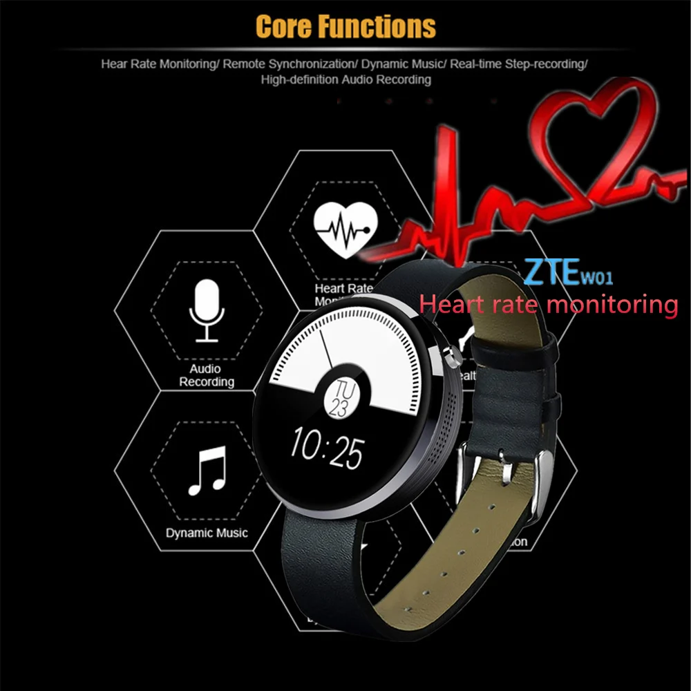  MTK2502 Круглый ZTE W01 Смарт Часы Сердечного ритма Bluetooth 4.0 Интеллектуальный Перелистывания страниц Аудио Записи Водонепроницаемый IP54 