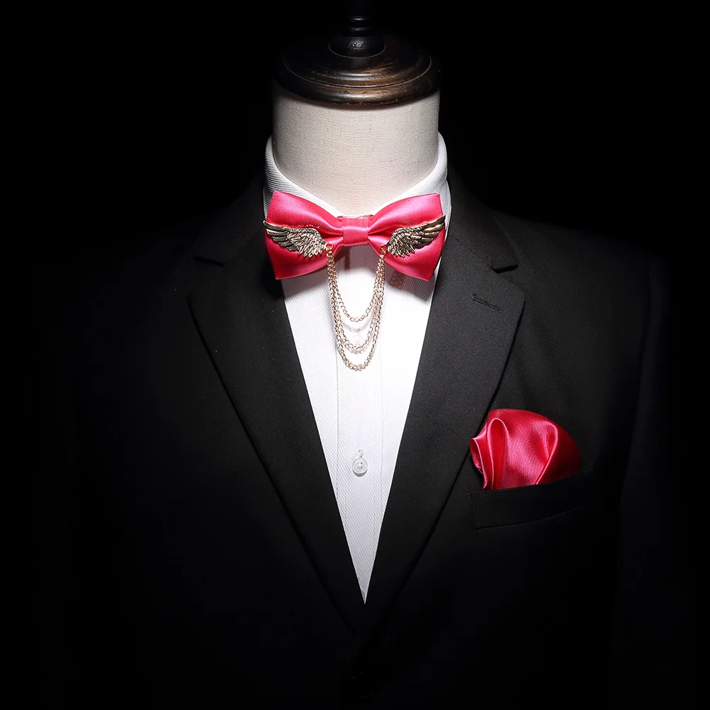 Фирменный мужской галстук-бабочка с металлическими бриллиантами и золотыми крыльями, вечерние и свадебные галстуки-бабочки, регулируемый галстук-бабочка, карманный квадратный набор - Цвет: Pink