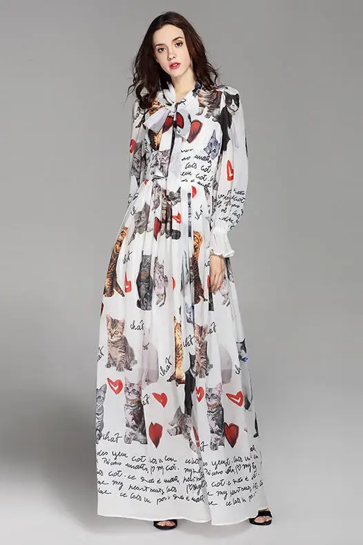 Hoge Kwaliteit Nieuwe 2018 Fashion Designer Runway Maxi Jurk vrouwen Lange Mouwen Casual Dier Kat Brief Printing Lange Jurk Hoge Kwaliteit Nieuwe 2018 Fashion Designer Runway Maxi Jurk vrouwen Lange Mouwen Casual Dier Kat Brief Printing Lange Jurk