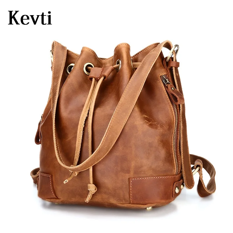 KEVTI BRAND  Genuine Leather Women handbags Casual Vintage Cowhide Female Shoulder bag Fashion Ladies Barrel-shaped pack bags