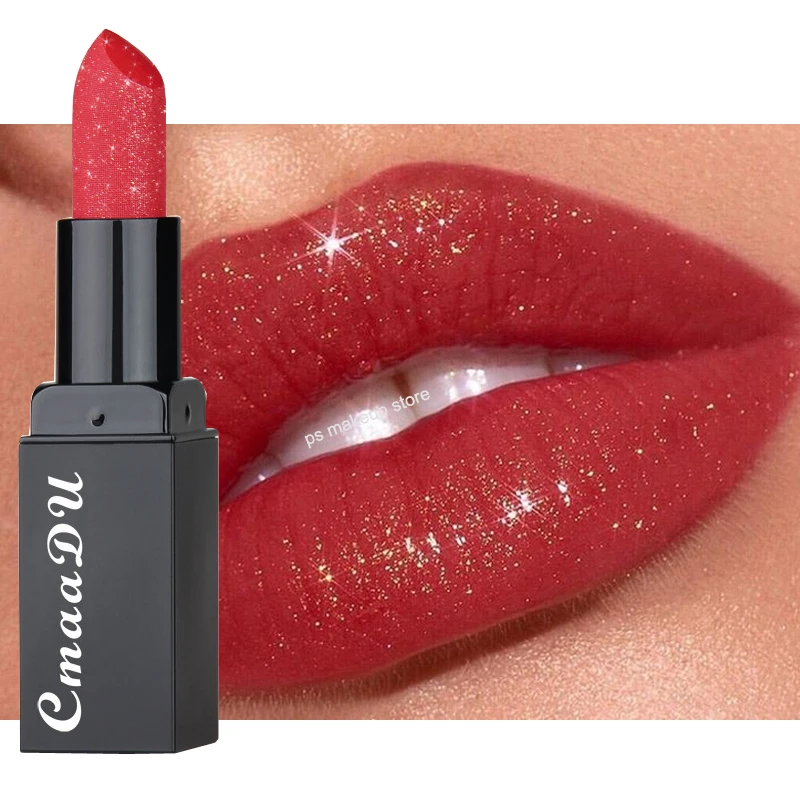 

maquillaje 2019 Sexy Diamond Shimmer Red Lips Matte Lipstick Cosmetic Long Lasting Deep Red Glitter Lipstick Luxury Makeup