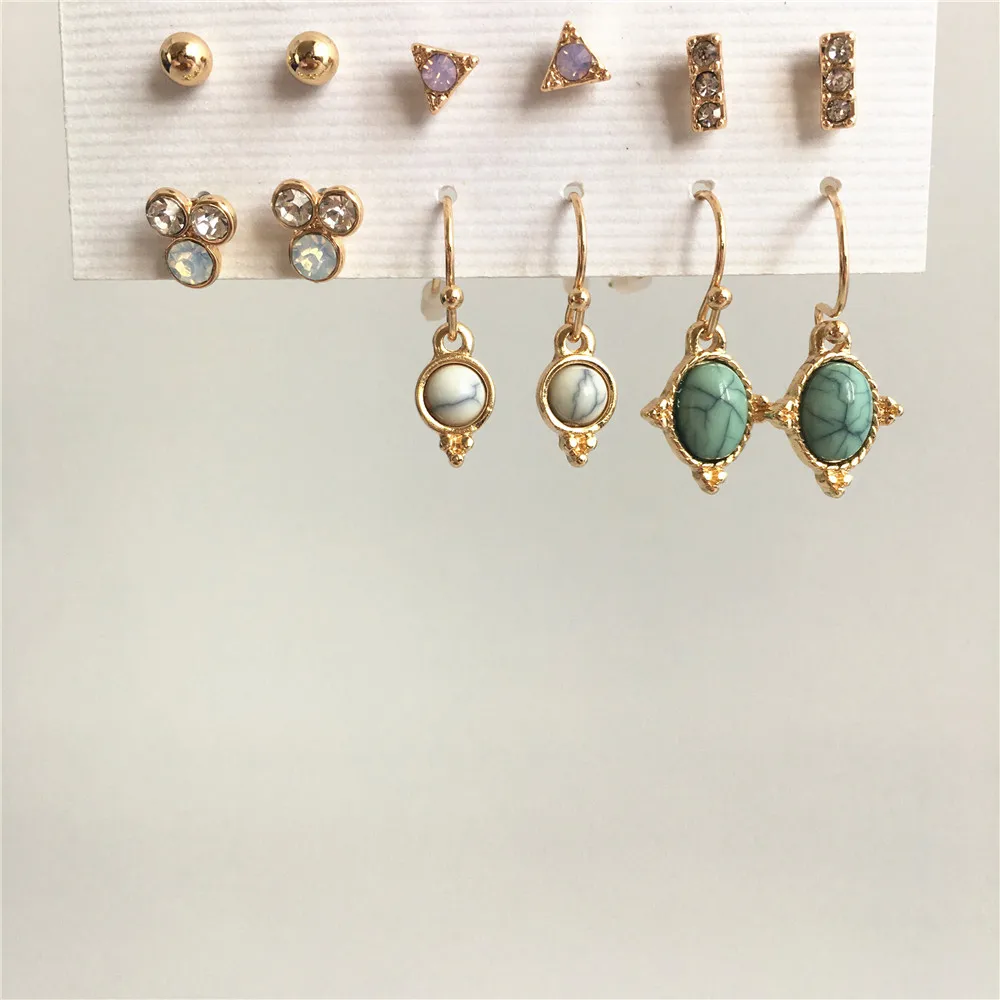 

BOHO GOLD COLOR PLATING STONE STUD MARBLE WHITE GREEN STONE 6 PAIR EARRING SET FOR WOMEN GIRL