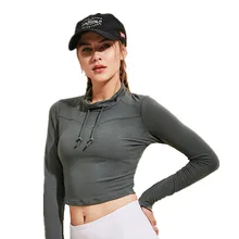 Женский укороченный топ с высоким воротником и длинным рукавом для фитнеса, спортивная одежда, укороченный топ, футболка для спортзала или йоги, Приталенная футболка для бега