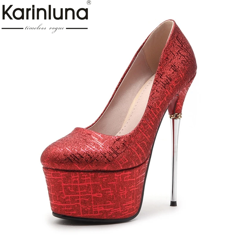 

Karinluna Sexy Women's Shinning Synthetic Upper Party Wedding Shoes Woman Thin High Heels Platform Pumps Size 34-39