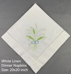 

Set of 12 Fshion Handkerchiefs White linen Hemstitched Table Napkin 20x20-inch Ladder Embroidery Flower Dinner Napkins