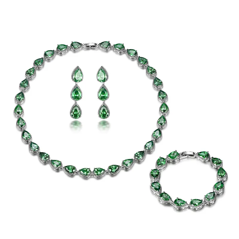 BUDONG Модный комплект ювелирных изделий в форме капли AAA+ Кристалл серебряного цвета ожерелье/серьги/браслет для женщин 5 цветов CZ свадебные XUT028 - Окраска металла: green