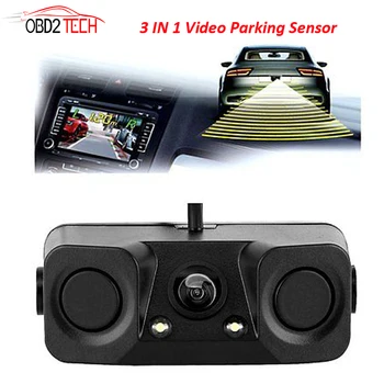 

170 Degree 3 IN 1 Video Parking Sensor Car Reverse Backup Rear View Camera with 2 Radar Detector Sensors BiBi Alarm Indicator