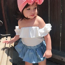 От 0 до 3 лет Одежда для новорожденных Одежда для маленьких девочек комплект со складками, с открытыми плечами, топы белого цвета, юбка из джинсовой ткани с короткими милое платье, красивое платье, комплект одежды для детей