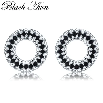 

[BLACK AWN] Vintage 925 Sterling Silver Natural Round Engament Stud Earrings for Women Fine Jewelry T199