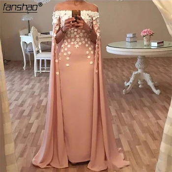 

2019 evening dresses with Capeswomen pageant gown boat neck Floral Appliques formal prom Dresses Custom Party Gowns