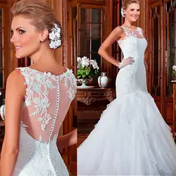 Vestidos De Novia 2019, кружевное свадебное платье русалки с рукавами-танками, большие размеры, с аппликацией из тюля, гофрированное свадебное платье