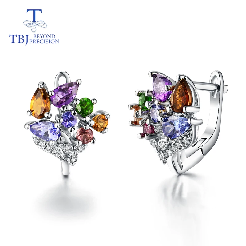 

925 sterling silver natural tourmaline amethyst and tanzanite mix gemstone earrings flower design for girls nice birthday gift