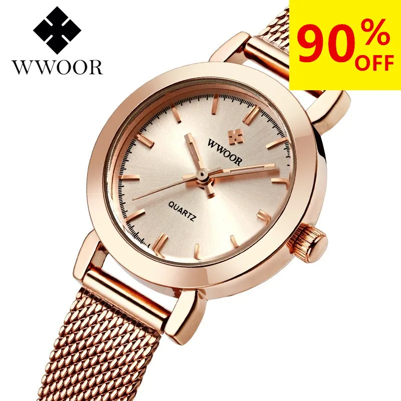 WWOOR Brand Ladies Women Dress Watches Thin Quartz Watch Steel Mesh Band Luxury Casual Gold Bracelet