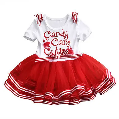 

Fashion Summer Toddler Baby Girl Short Sleeve Candy Cane Christmas Dess Letter Printed Red Tute Party