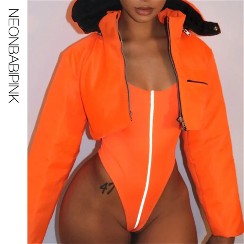 

NEONBABIPINK Reflective Neon Orange Bodysuit Women One Piece Swimsuit Beach Summer Clothes Streetwear Sexy Romper N66-G69