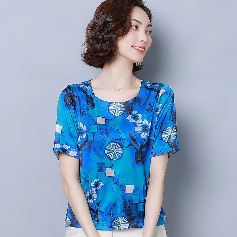 Korean Fashion Silk Women Blouses Satin Womens Tops and Blouses Print Short Sleeve Women Shirts Plus Size XXXL Ladies Tops