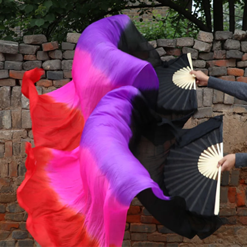 

Professional China pure real Silk Bamboo Ribs Fan Veils For Belly Dancing Stage Show Props long Fans Gradient color 1.8x0.9m