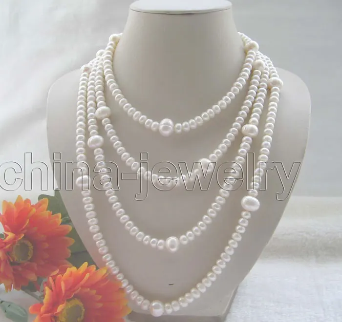 

Free shipping hot sale Women Bridal Wedding Jewelry >>Beautiful long strand 84 " 8-13mm natural white freshwater pearl necklace