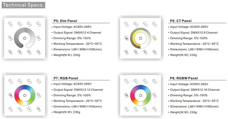 P5 86 настенный Сенсорная Панель Диммер 4 зон multi-зоны P6 CT Цветовая Температура Контроллер AC 85-265 В Выход Сигнала DMX512