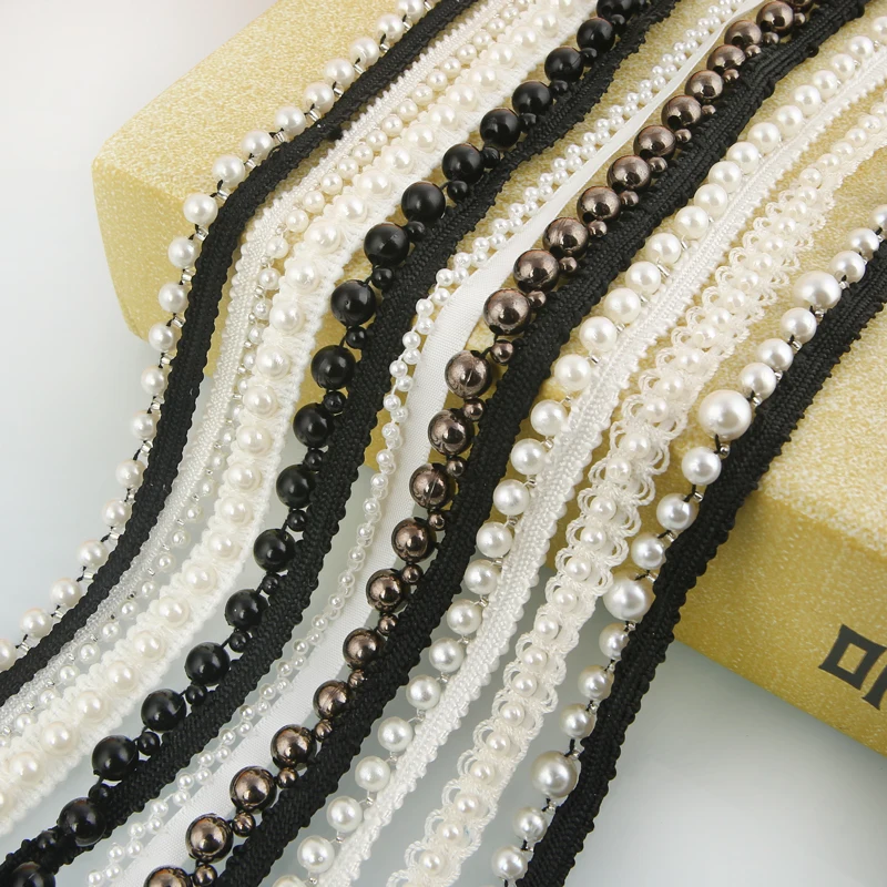 

100cm Ribbon Single-sided Beaded Lace Fabric Black White Pearl Lace Trim Fabirc For DIY Patchwork Decorate Collar Dress Textile