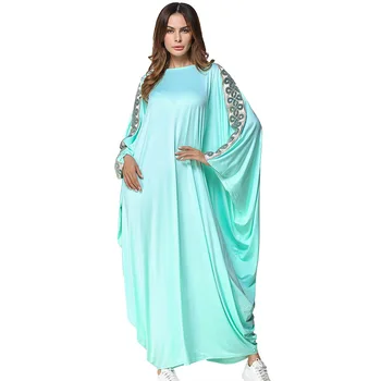 

R185231# Muslim Women Fashion Solid Color Mosaics Bats Sleeves Dresses and Middleeast Gown Robes Arabia Abaya Mujer Vestidos