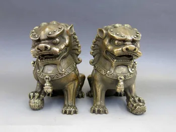 

Chinese Brass Copper Animal Feng shui Foo Dog Lion town house Statue pair