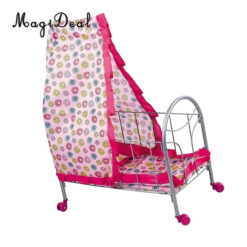 Simulation Baby Toddler Crib Bed with Tents Wheels ABS Plastic Furniture for 9-20inch Reborn Doll Supplies