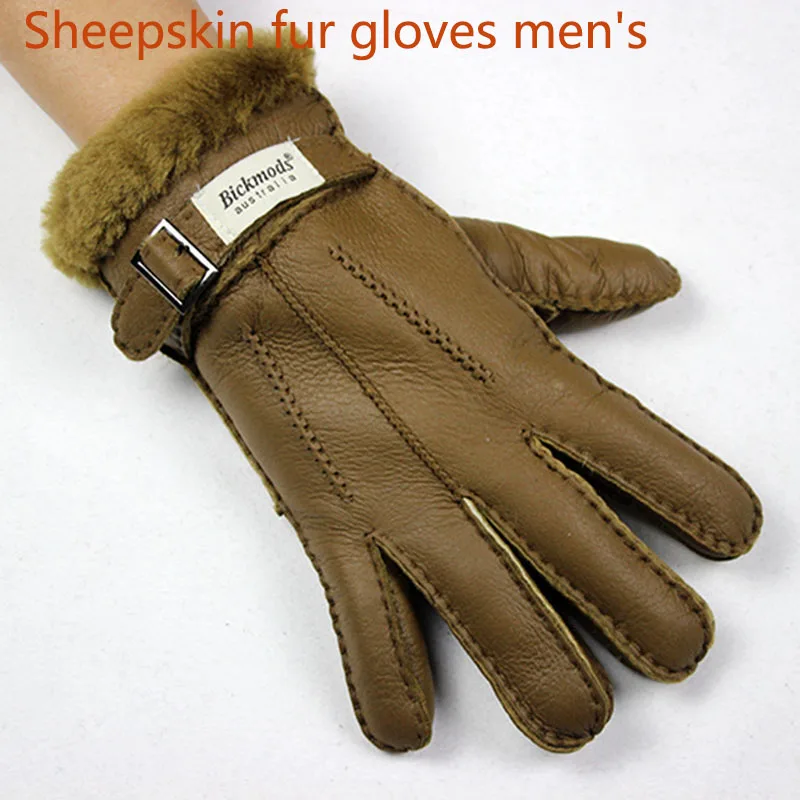 Овчина меховые перчатки мужские толстые зимние теплые большой размер открытый ветрозащитный холодной руки сшитые кожаные перчатки для пальцев