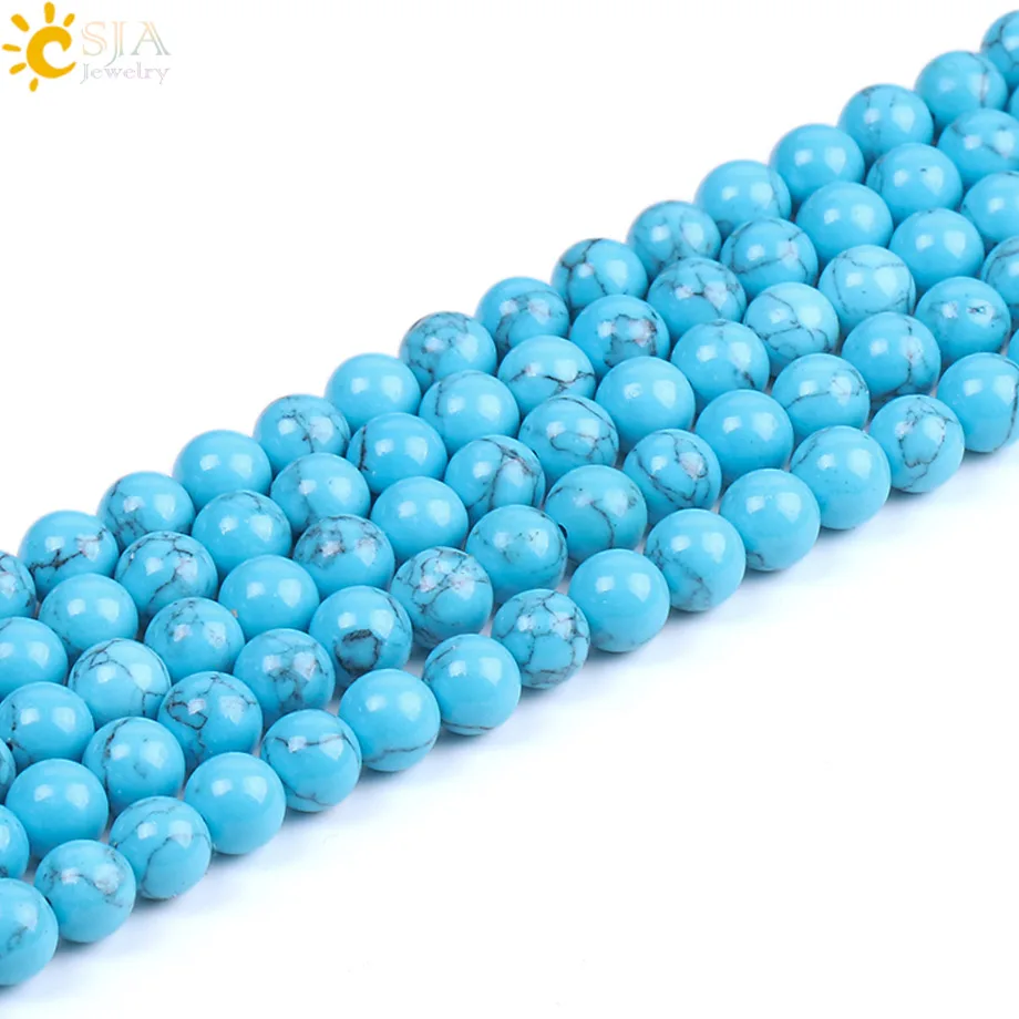 

CSJA Blue Turquoises Loose Beads 4 6 8 10mm Smooth Howlite Stone Pick Size for Necklaces Bracelets Fittings Jewelry Making F225