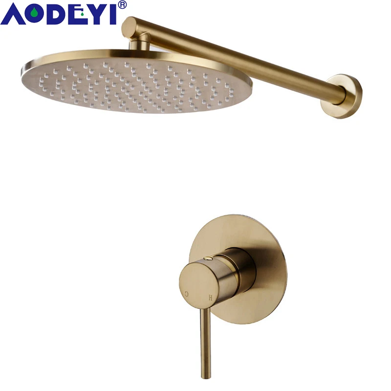 Luxe Brush Gold Black Brass Rainfall Shower System Wall Mounted 8 10 12 Inch Shower Head Hot Cold Mixing Sets Equipment 16-028